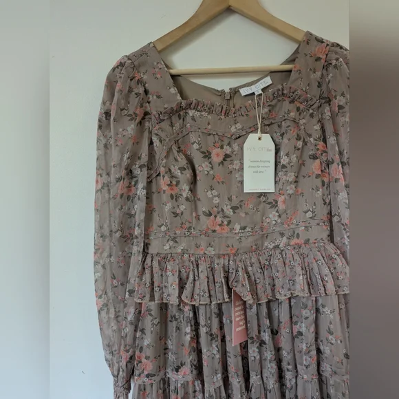 NWT Ivy City Co Brown Tan Neutral Floral Long Sleeve Midi Dress S Small - Picture 3 of 5